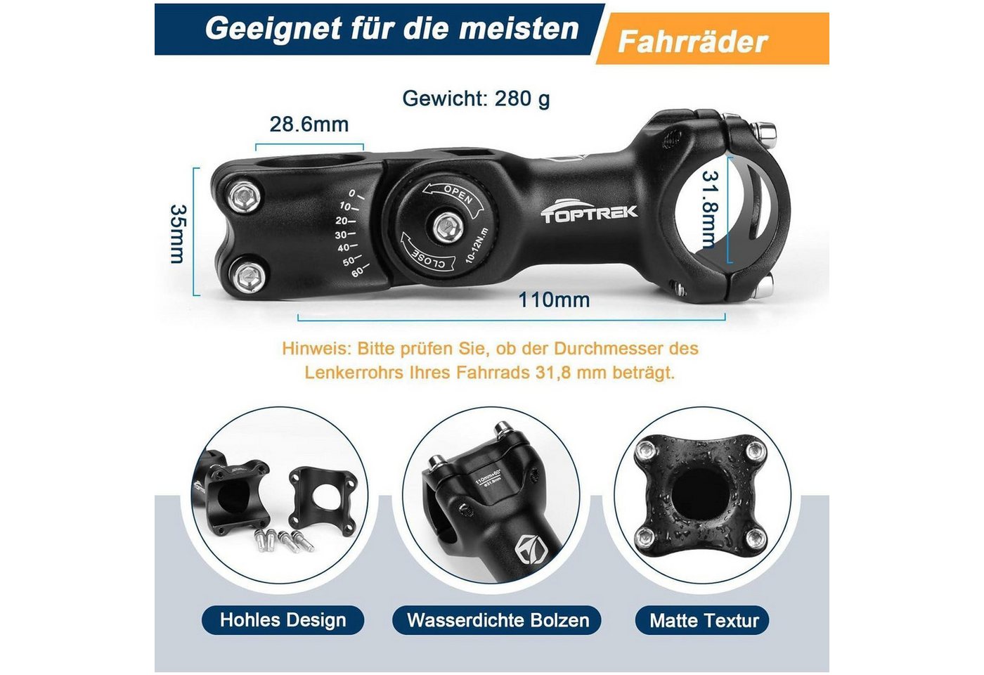 LuxusKollektion Lenkervorbau Fahrradlenker Vorbau 31.8mm*110mm Aluminium verstellbar mit Bild 5