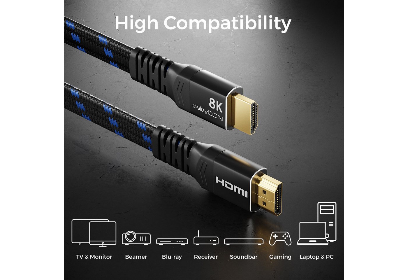 deleyCON 1,5m 8K UHD HDMI 2.1 Flachkabel HDR ARC Dolby 48Gbit/s 8K@60Hz HDMI-Kabel