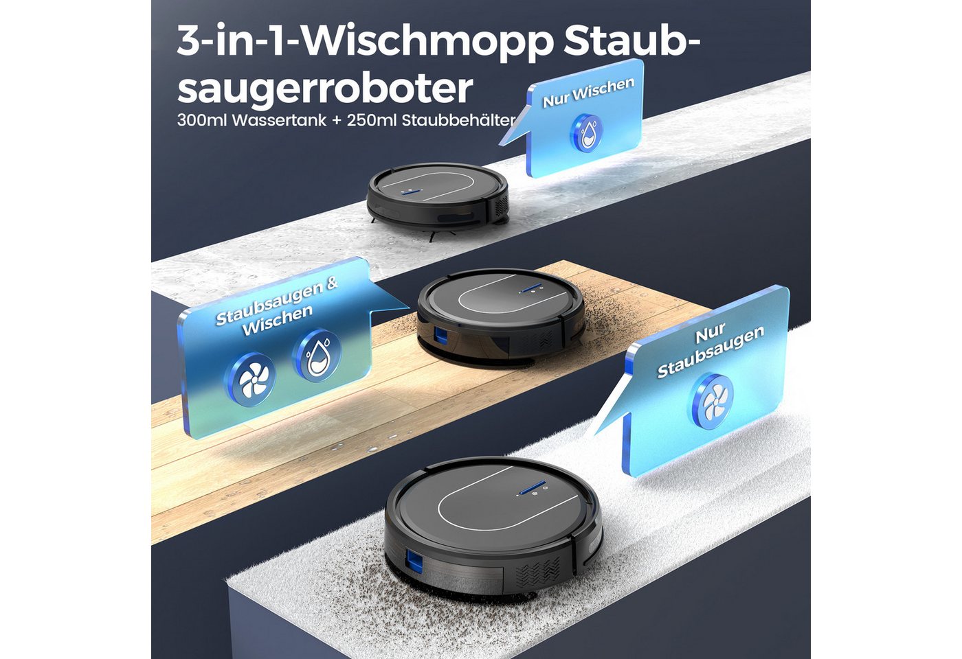 INSE Nass-Trocken-Saugroboter Saugroboter E2 3-in-1 Saugroboter mit Wischfunktion, 3000Pa/120Min, beutellos, 3000Pa Saugkraft, 120Min, Intelligente Navigation, 3 Reinigungsmodi Bild 2