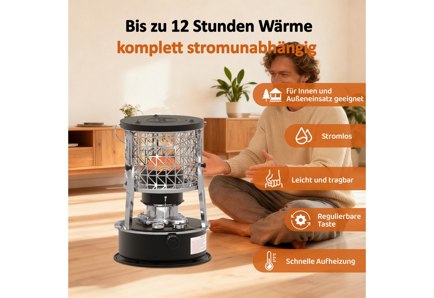 Rhein Beleuchtung Gaskocher Brennstoff-Heizofen R95 mit Camping Kochgeschirr Set 16-tlg, (Set, 23-St., Outdoor Heiz- & Kochlösung für Camping, Balkon & Notfallversorgung), 2600 W Bioethanol Petroleumofen · Tragbar, klappbar & stromlos Bild 3