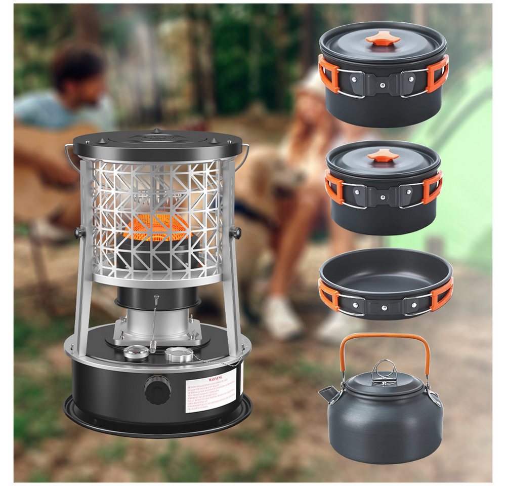 Rhein Beleuchtung Gaskocher Brennstoff-Heizofen R95 mit Camping Kochgeschirr Set 16-tlg, (Set, 23-St., Outdoor Heiz- & Kochlösung für Camping, Balkon & Notfallversorgung), 2600 W Bioethanol Petroleumofen · Tragbar, klappbar & stromlos Bild 4