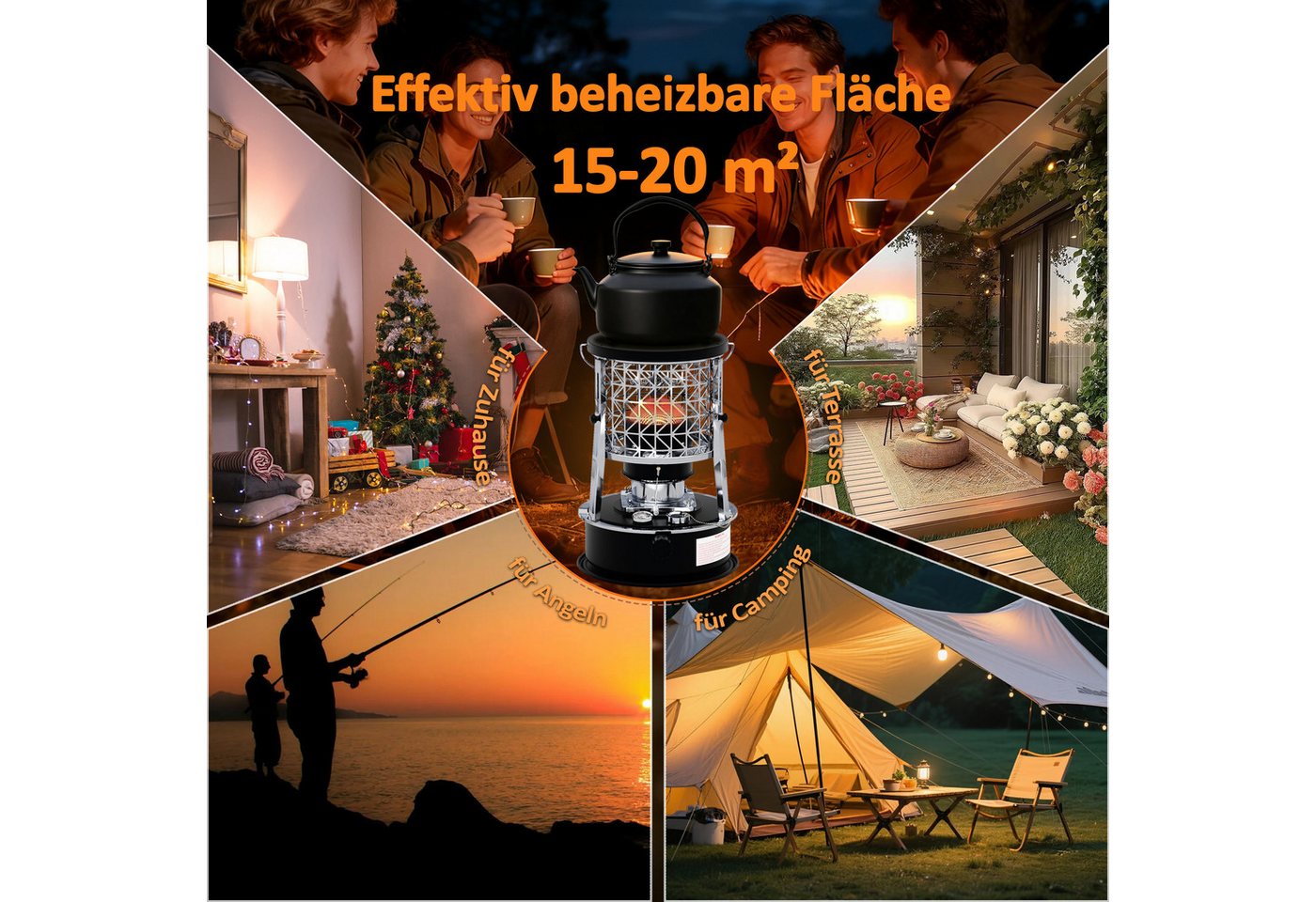 Rhein Beleuchtung Gaskocher Brennstoff-Heizofen R95 mit Camping Kochgeschirr Set 16-tlg, (Set, 23-St., Outdoor Heiz- & Kochlösung für Camping, Balkon & Notfallversorgung), 2600 W Bioethanol Petroleumofen · Tragbar, klappbar & stromlos Bild 5