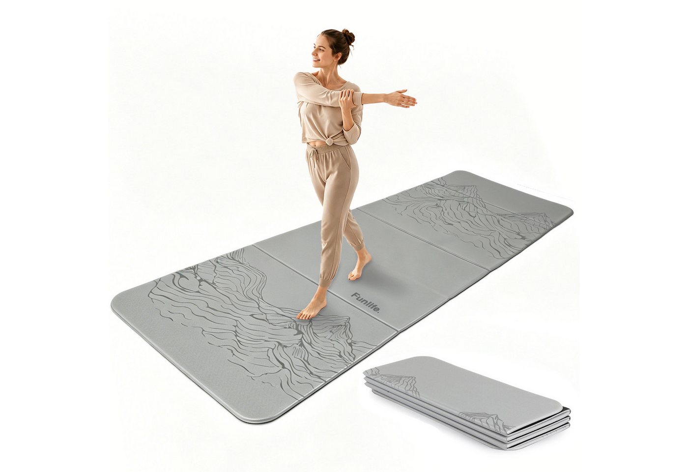 FunLife Yogamatte FOLD Design-Edition – Einzelmatte oder Set mit 3 Fitnessbändern (Einzelmatte), 10 mm dick, faltbar, platzsparend, 190 × 66 cm