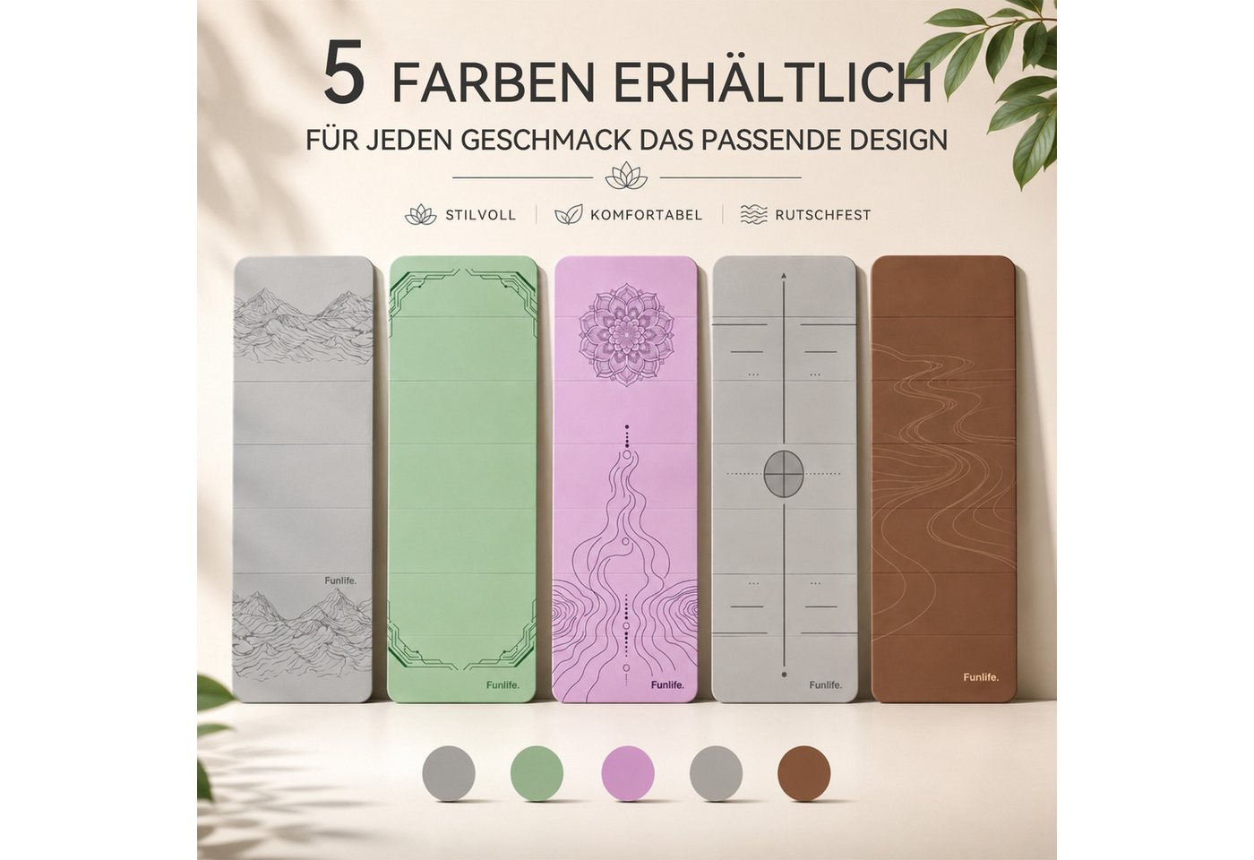 FunLife Yogamatte FOLD Design-Edition – Einzelmatte oder Set mit 3 Fitnessbändern (Einzelmatte), 10 mm dick, faltbar, platzsparend, 190 × 66 cm Bild 2