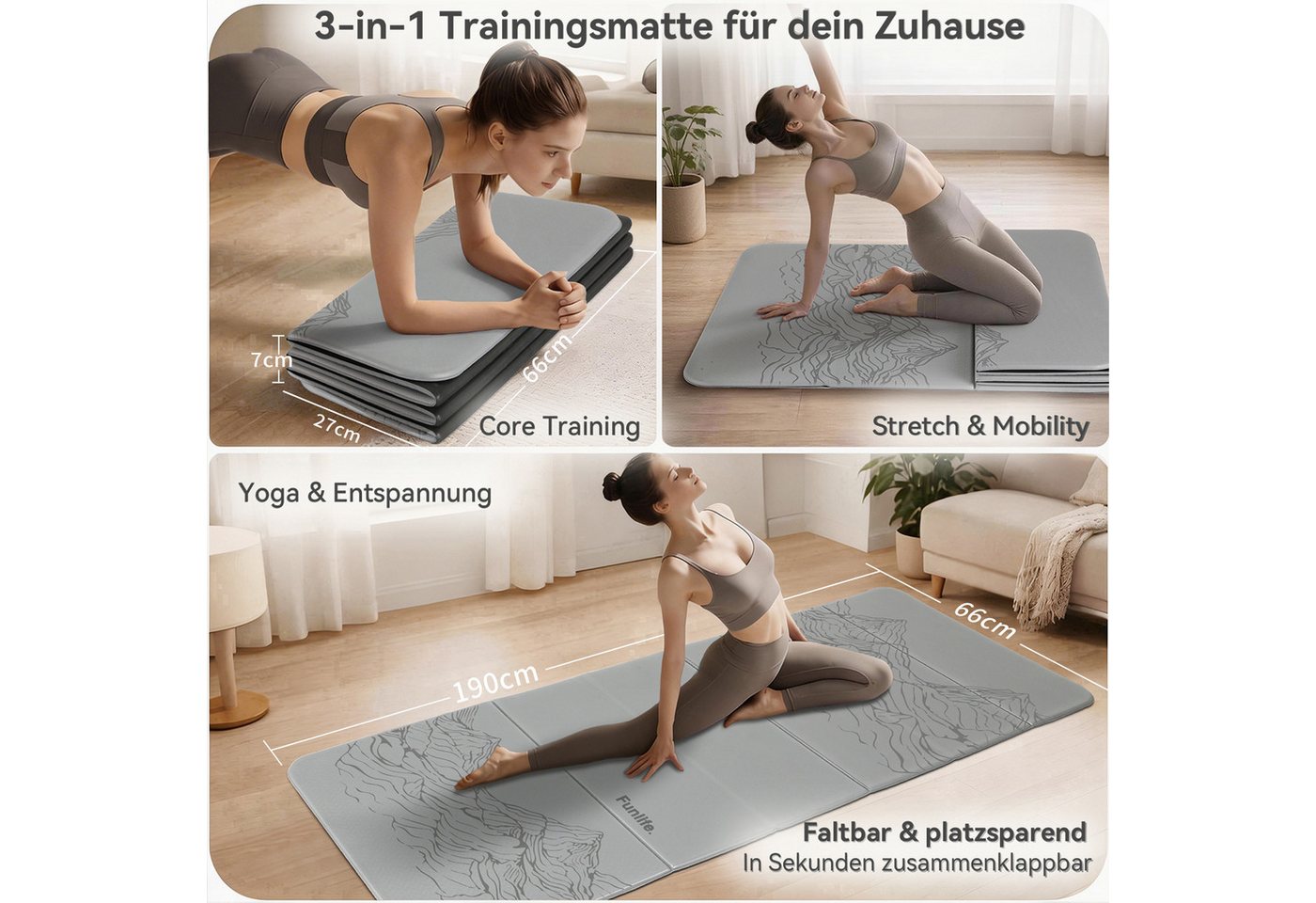 FunLife Yogamatte FOLD Design-Edition – Einzelmatte oder Set mit 3 Fitnessbändern (Einzelmatte), 10 mm dick, faltbar, platzsparend, 190 × 66 cm Bild 3