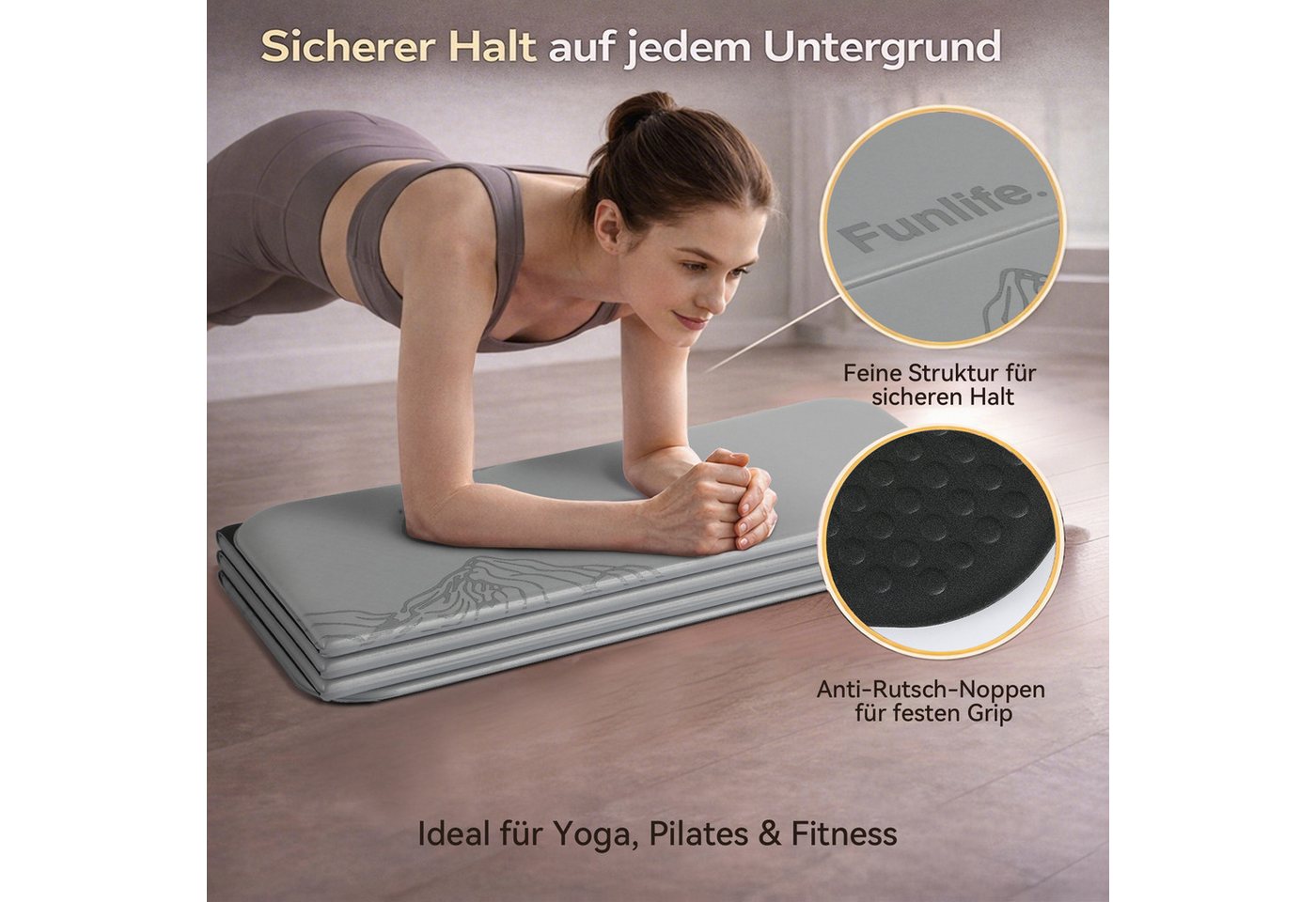 FunLife Yogamatte FOLD Design-Edition – Einzelmatte oder Set mit 3 Fitnessbändern (Einzelmatte), 10 mm dick, faltbar, platzsparend, 190 × 66 cm Bild 5