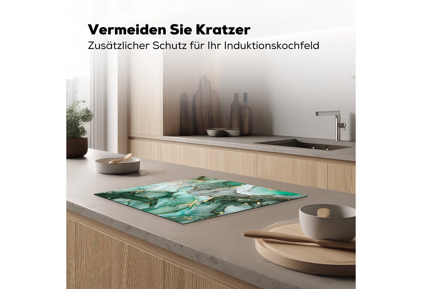 MuchoWow Herd-Abdeckplatte Gold - Marmor - Grün - Luxus - Marmoroptik/print - Grau, Vinyl, (1 tlg), Küche Herdabdeckplatte Ceranfeld Vinyl Einteilig, 59x52 cm