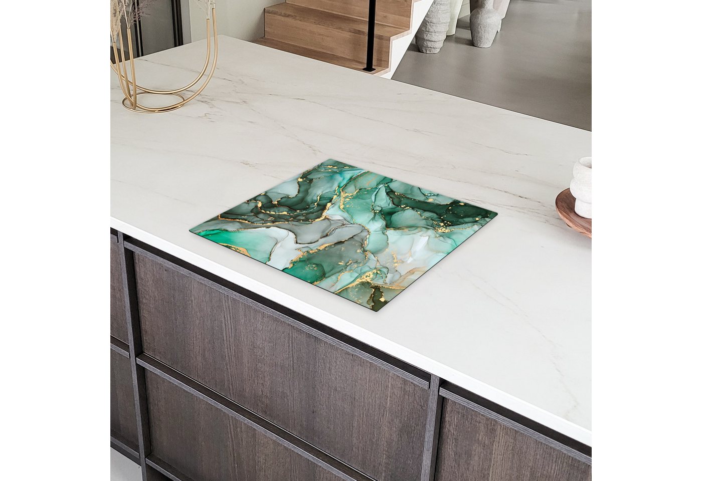 MuchoWow Herd-Abdeckplatte Gold - Marmor - Grün - Luxus - Marmoroptik/print - Grau, Vinyl, (1 tlg), Küche Herdabdeckplatte Ceranfeld Vinyl Einteilig, 59x52 cm Bild 5