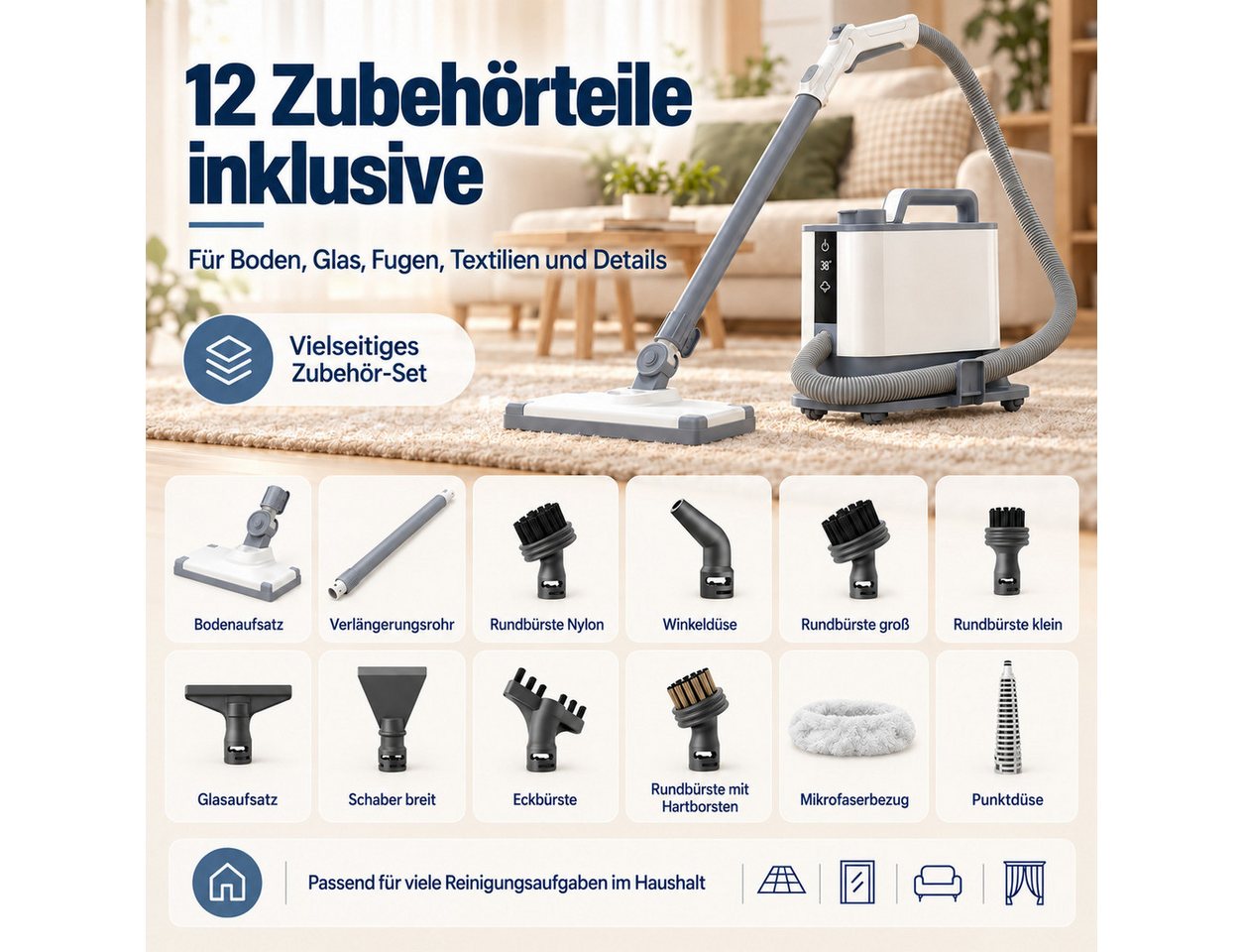 Luckice Dampfreiniger Dampfmopp mit 11 Zubehörteilen und Zubehörfach – bis 50 Min, 1550 W, 1L Wassertank, Dauerdampf für Böden, Fliesen, Glas, Küche, Bad & Polster