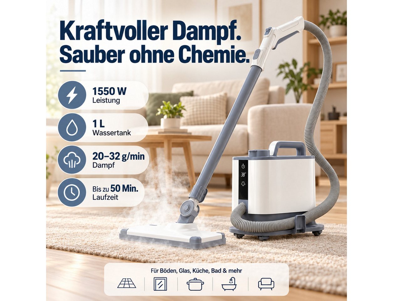 Luckice Dampfreiniger Dampfmopp mit 11 Zubehörteilen und Zubehörfach – bis 50 Min, 1550 W, 1L Wassertank, Dauerdampf für Böden, Fliesen, Glas, Küche, Bad & Polster Bild 4