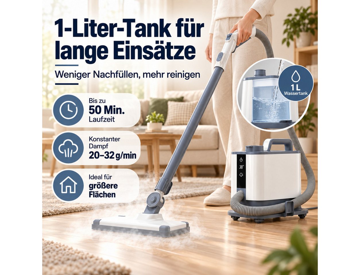 Luckice Dampfreiniger Dampfmopp mit 11 Zubehörteilen und Zubehörfach – bis 50 Min, 1550 W, 1L Wassertank, Dauerdampf für Böden, Fliesen, Glas, Küche, Bad & Polster Bild 5