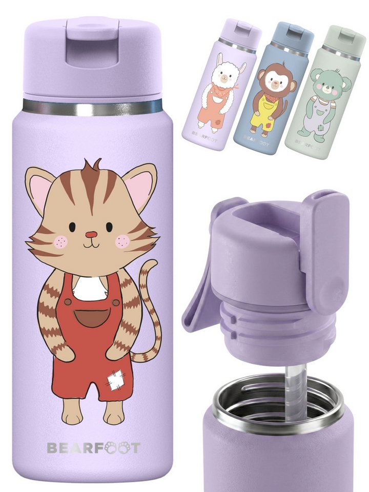BEARFOOT Trinkflasche TINY Thermo Kinder Trinkflasche Edelstahl - Katze lila, Thermosflasche, auslaufsicher, Edelstahl, Kinderflasche, BPA-frei