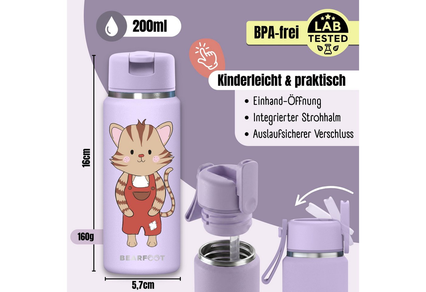 BEARFOOT Trinkflasche TINY Thermo Kinder Trinkflasche Edelstahl - Katze lila, Thermosflasche, auslaufsicher, Edelstahl, Kinderflasche, BPA-frei Bild 3