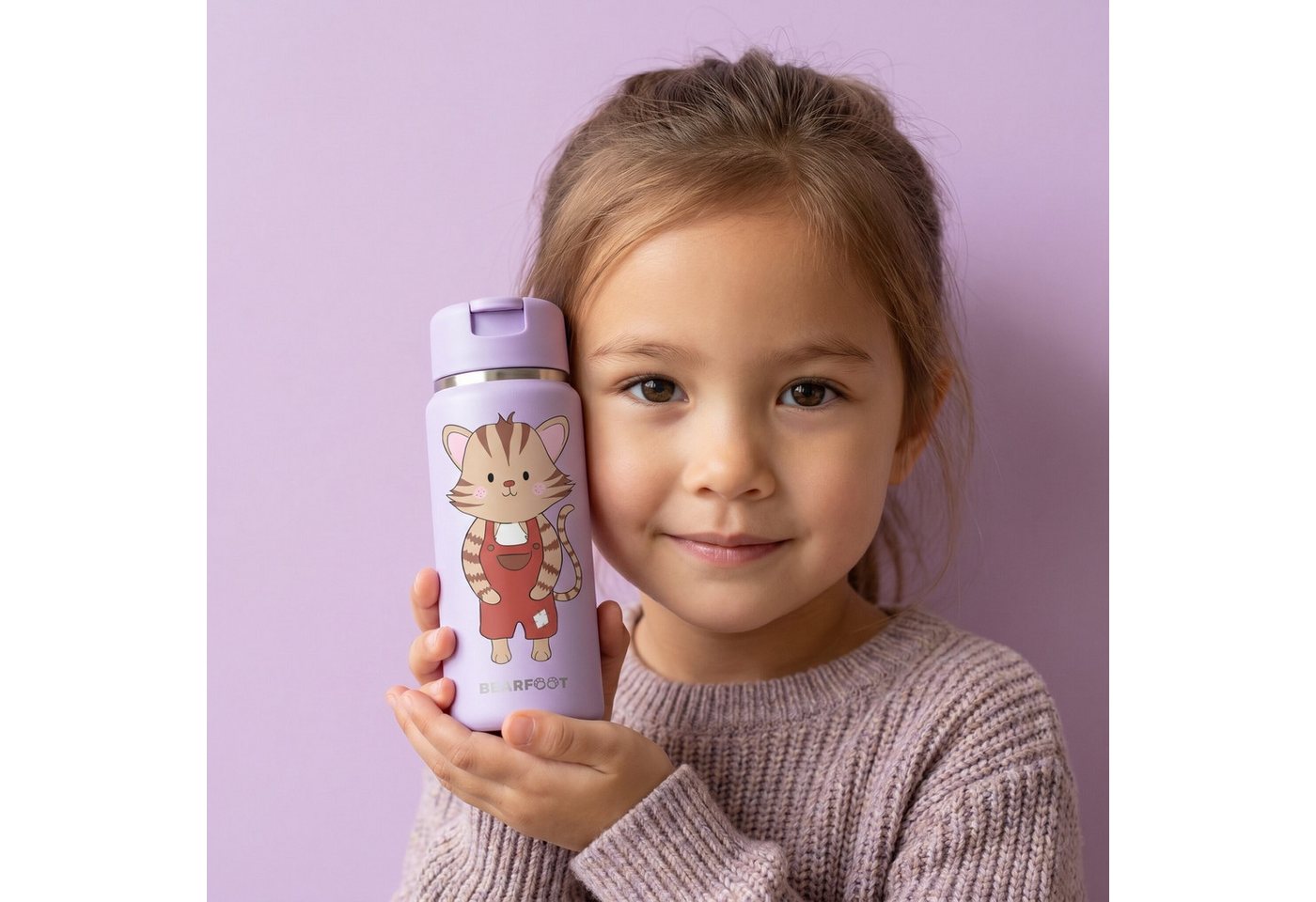 BEARFOOT Trinkflasche TINY Thermo Kinder Trinkflasche Edelstahl - Katze lila, Thermosflasche, auslaufsicher, Edelstahl, Kinderflasche, BPA-frei Bild 4