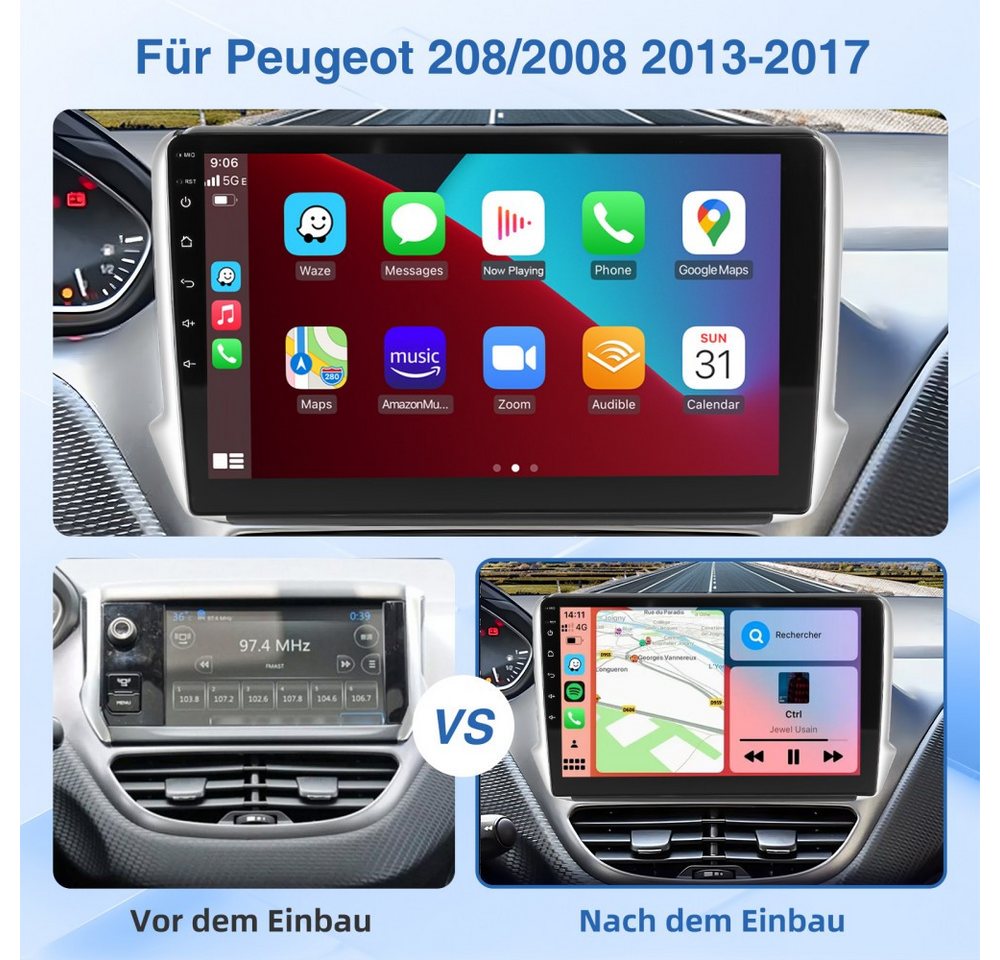 ESSGOO 10.1" Für Peugeot 208/2008 2012-2018 Autoradio Android 15 Autoradio (RDS, Digitalradio (DAB), FM, Apple Carplay Android Auto NAVI SWC BT EQ)