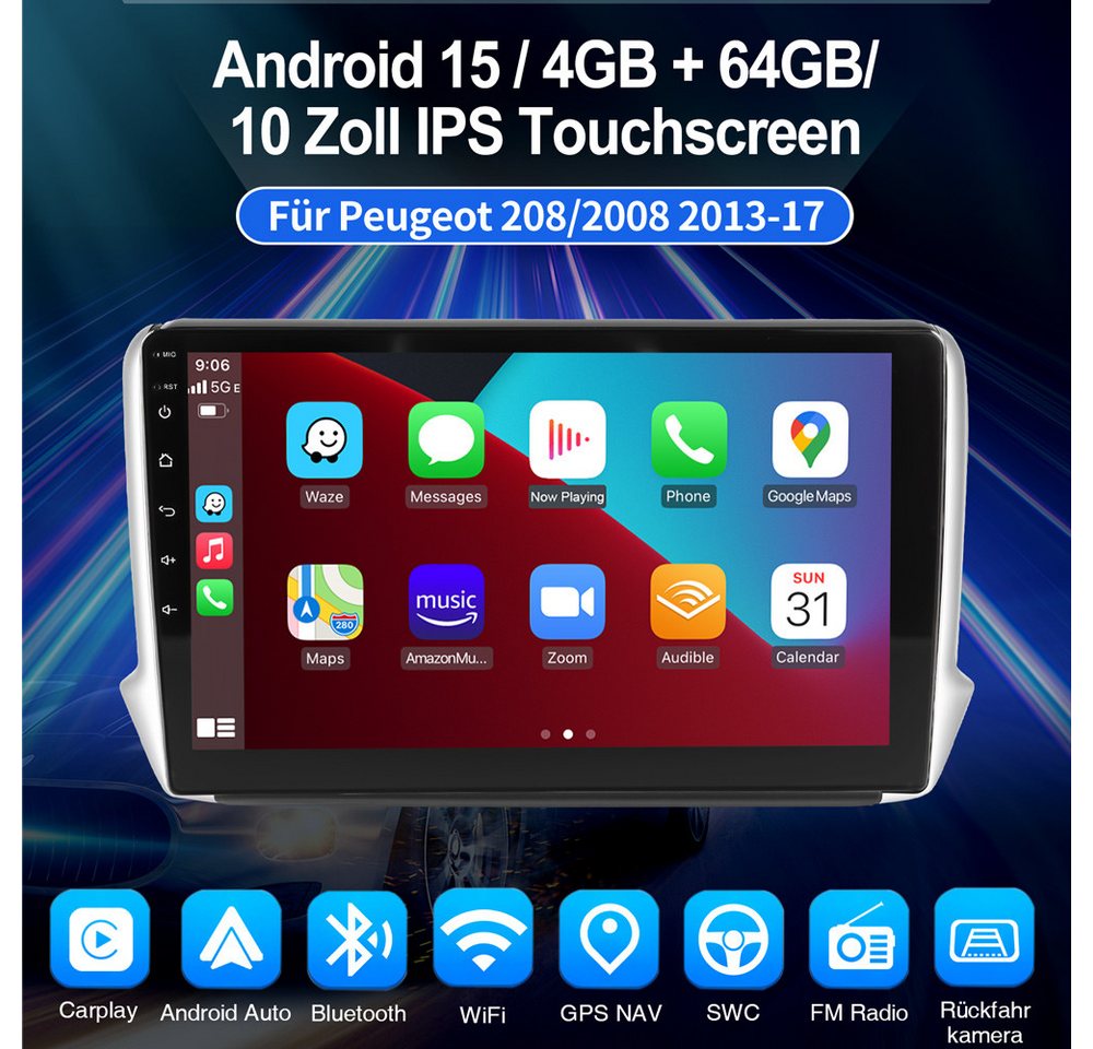 ESSGOO 10.1" Für Peugeot 208/2008 2012-2018 Autoradio Android 15 Autoradio (RDS, Digitalradio (DAB), FM, Apple Carplay Android Auto NAVI SWC BT EQ) Bild 4