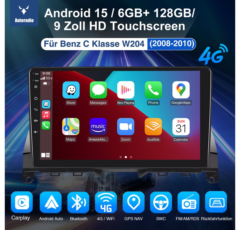 ESSGOO 9" Für Mercedes Benz C-Klasse W204 S204 6+128GB 8-Kern Carplay Autoradio (RDS, Digitalradio (DAB), FM, AM, Apple Carplay Android Auto GPS Navi WIFI EQ)