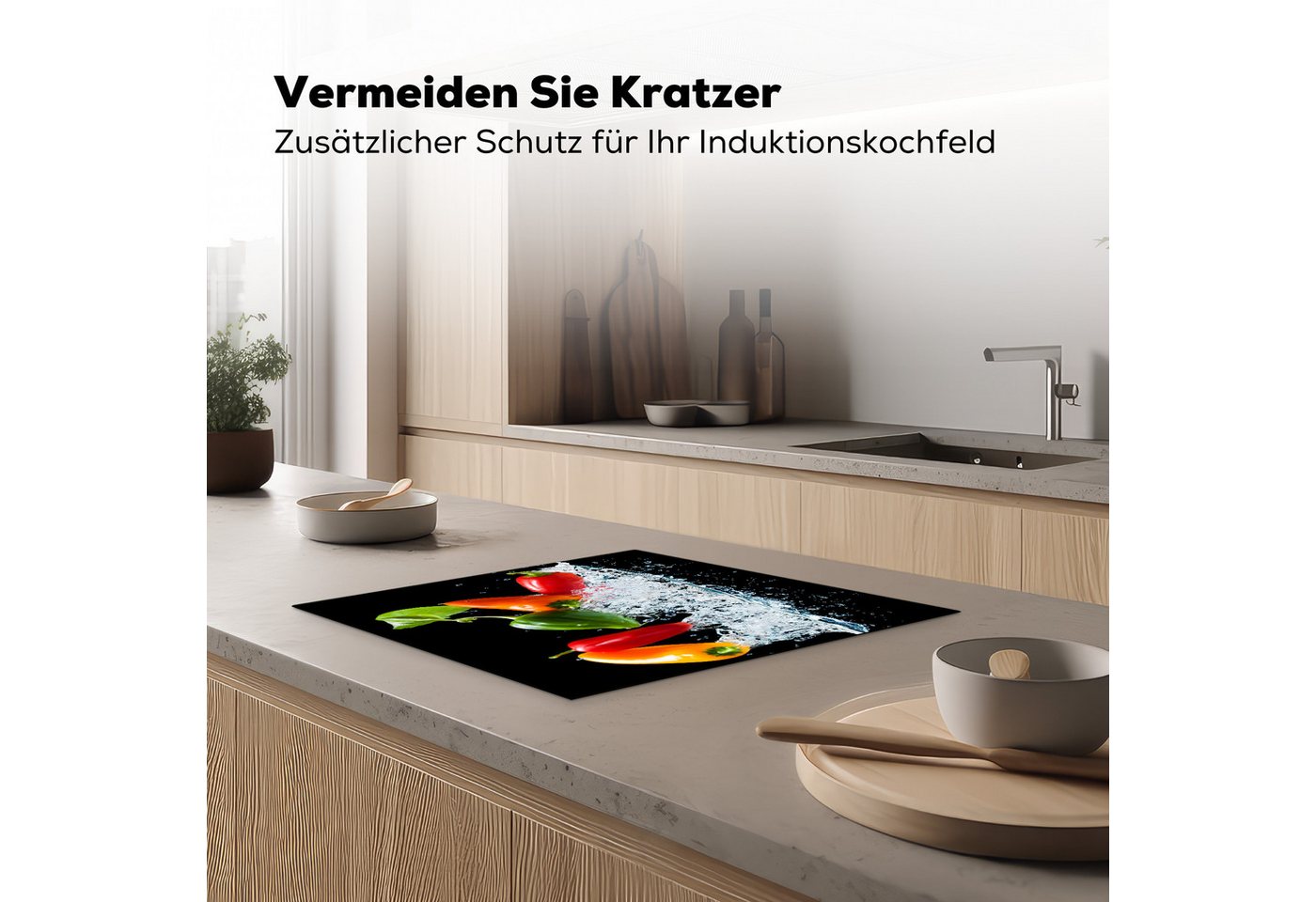 MuchoWow Herd-Abdeckplatte Paprika - Schwarz - Gemüse - Wasser - Blatt, Vinyl, (1 tlg), Ceranfeldabdeckung Küche, Herdabdeckplatte Einteilig, 60x52 cm