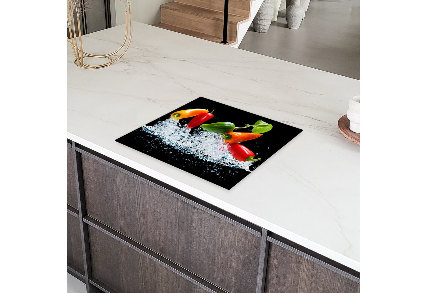 MuchoWow Herd-Abdeckplatte Paprika - Schwarz - Gemüse - Wasser - Blatt, Vinyl, (1 tlg), Ceranfeldabdeckung Küche, Herdabdeckplatte Einteilig, 60x52 cm Bild 2