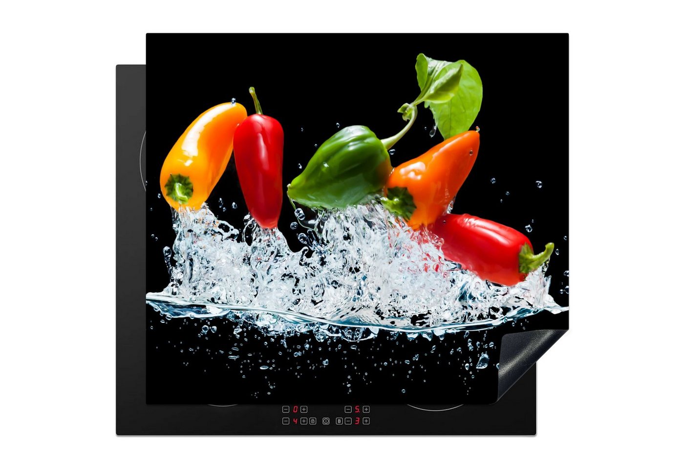 MuchoWow Herd-Abdeckplatte Paprika - Schwarz - Gemüse - Wasser - Blatt, Vinyl, (1 tlg), Ceranfeldabdeckung Küche, Herdabdeckplatte Einteilig, 60x52 cm Bild 4