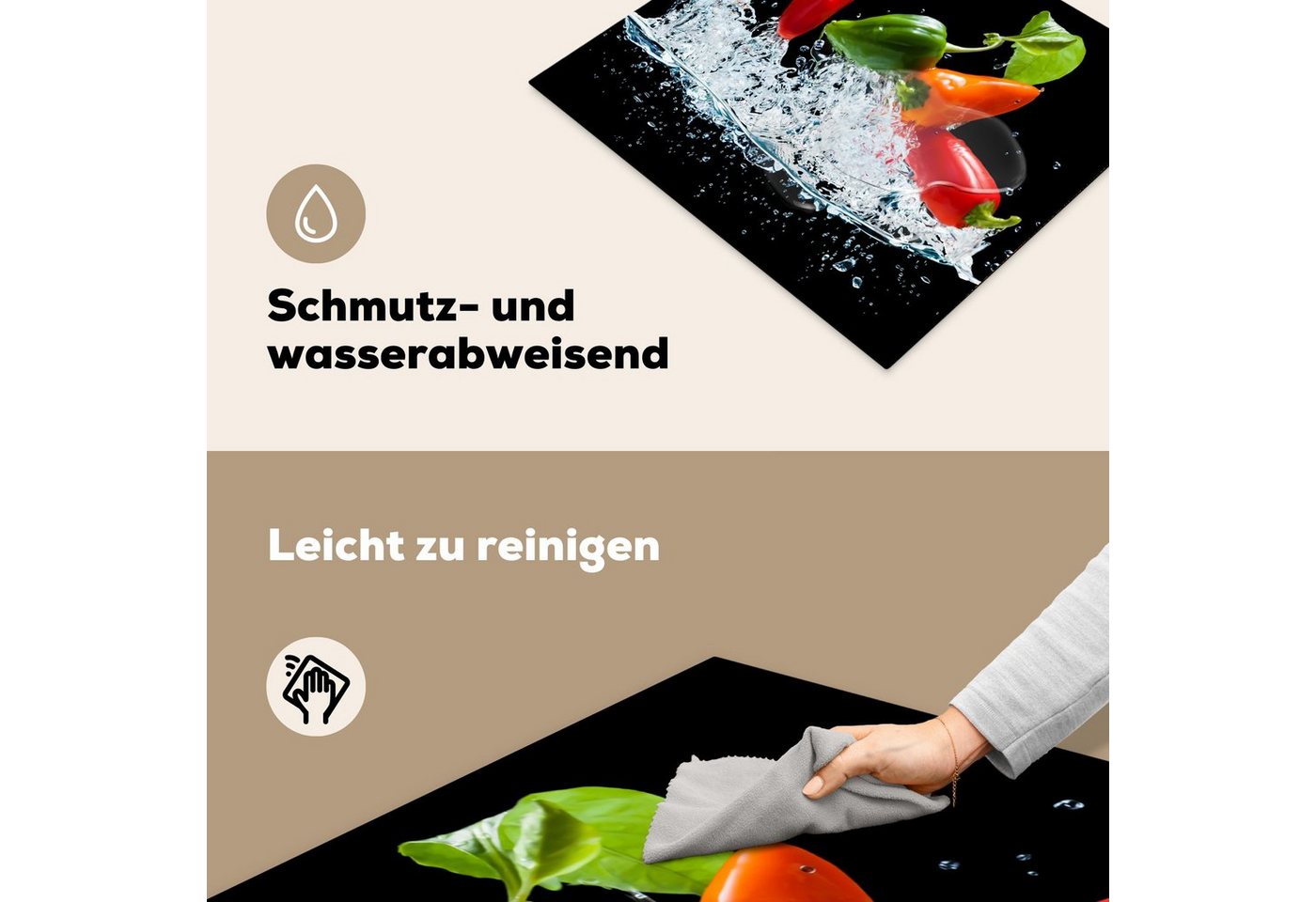 MuchoWow Herd-Abdeckplatte Paprika - Schwarz - Gemüse - Wasser - Blatt, Vinyl, (1 tlg), Ceranfeldabdeckung Küche, Herdabdeckplatte Einteilig, 60x52 cm Bild 5
