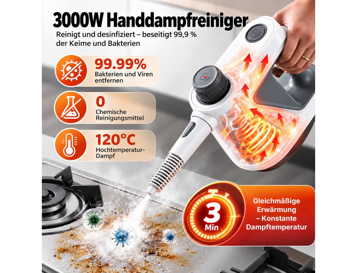 Forrlite Dampfreiniger 3000W, 15-in-1 Handdampfreiniger, 99,99 % Keimabtötung, 0 Chemikalien, Steam Cleaner für Auto, Küche, Badezimmer, Fliesen, Fenstern Bild 4