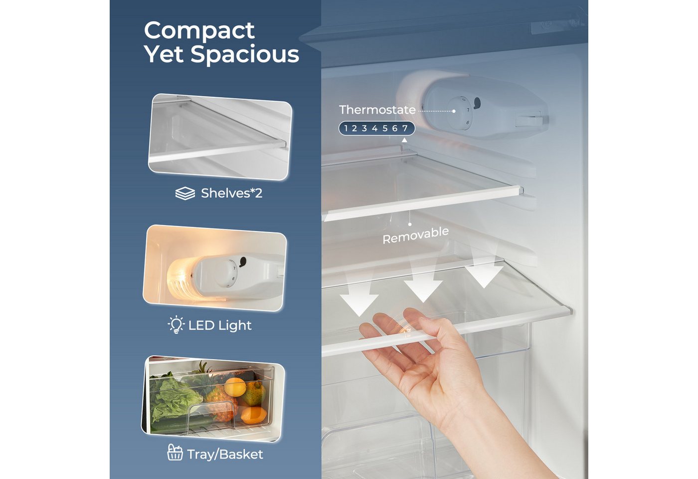 FOHERE Kühlschrank Kühl-Gefrierkombinationen, Kühlschrank 90L, Verstellebare Ablage und Füße, mit 2 Wechselbare Tür BCD-90, 84,5 cm hoch, 50.5 cm breit Bild 2