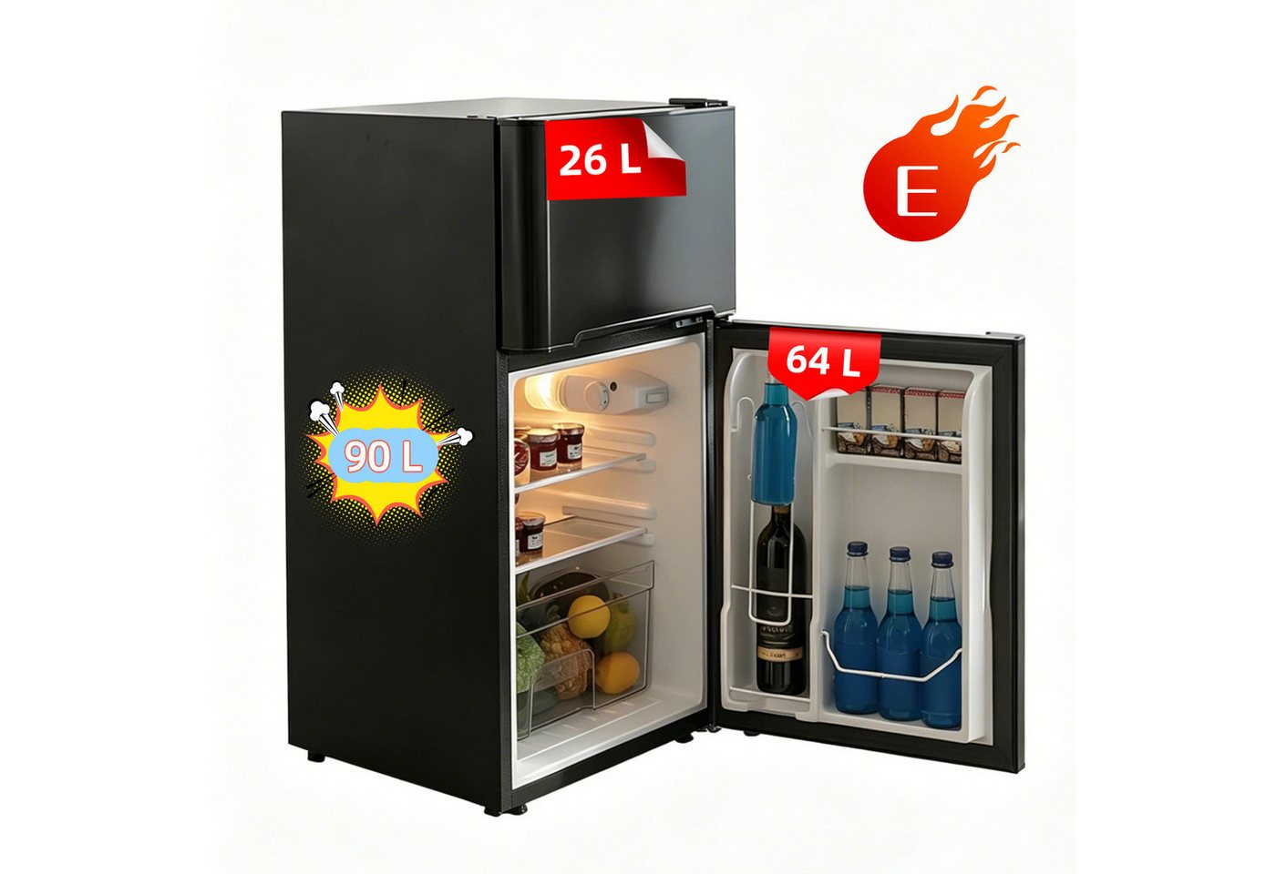 FOHERE Kühlschrank Kühl-Gefrierkombinationen, Kühlschrank 90L, Verstellebare Ablage und Füße, mit 2 Wechselbare Tür BCD-90, 84,5 cm hoch, 50.5 cm breit Bild 4