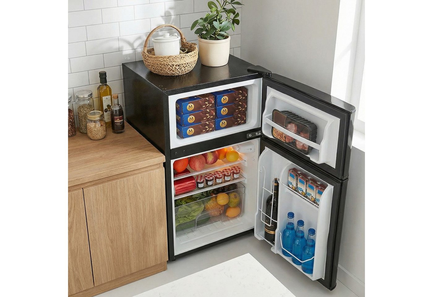 FOHERE Kühlschrank Kühl-Gefrierkombinationen, Kühlschrank 90L, Verstellebare Ablage und Füße, mit 2 Wechselbare Tür BCD-90, 84,5 cm hoch, 50.5 cm breit Bild 5