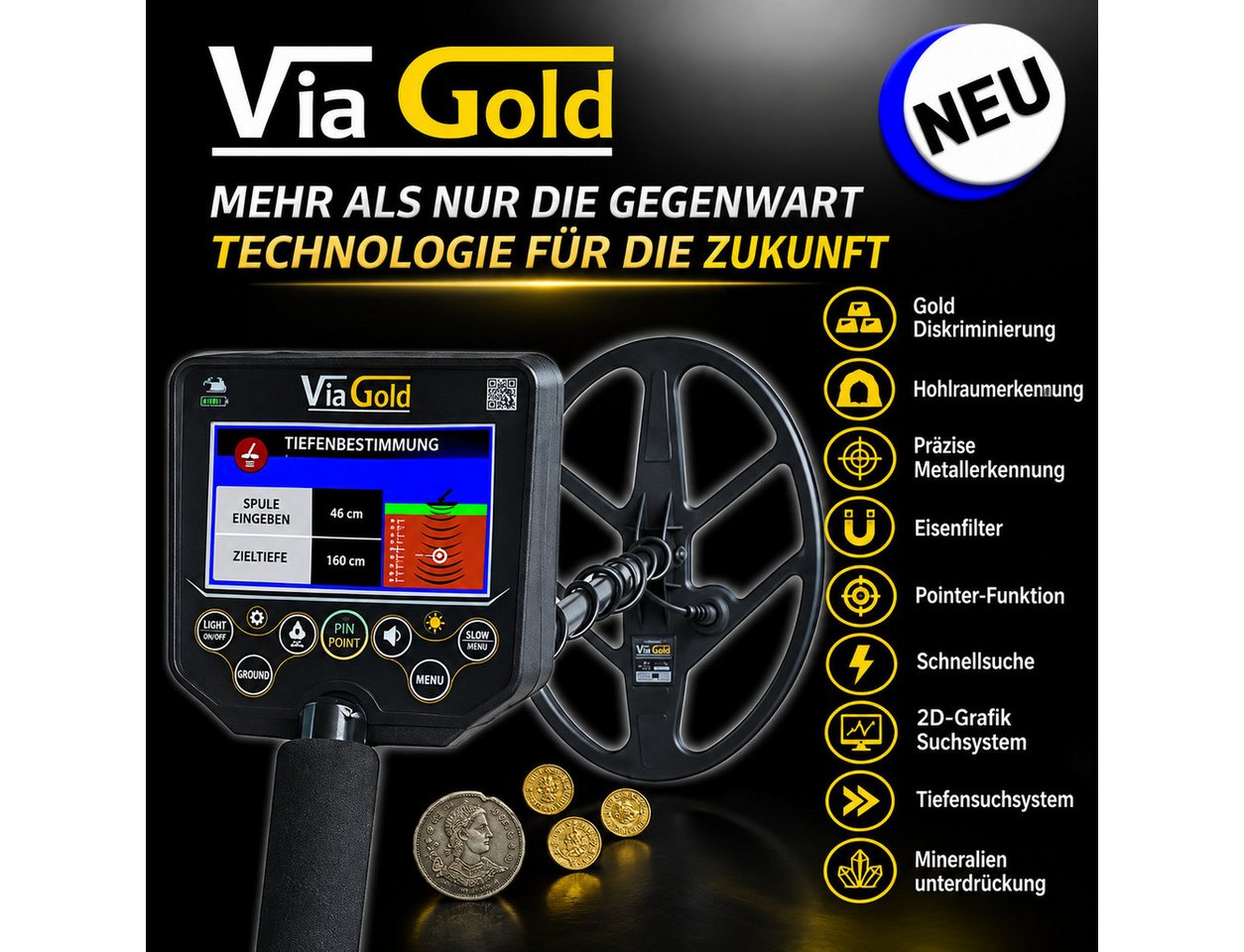 ASYA Dedektör Metalldetektor Metalldetektor-2in1 Tiefensuchgerät,2D-Live-Grafik/Metallerkennung, 2D-Live-Grafik, Gold- & Metallerkennung, Tiefen- & Schnellsuche Bild 4