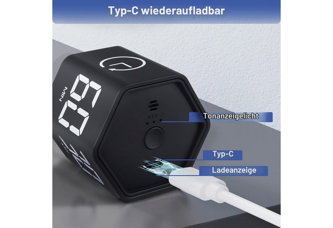 AIBISTAR Küchentimer Timer-Würfel,Intervall-Timer,1/5/10/30/60 min,Vibration Gravitationssensor – Flip to Start,3 Alarmmodi,USB-C Bild 2