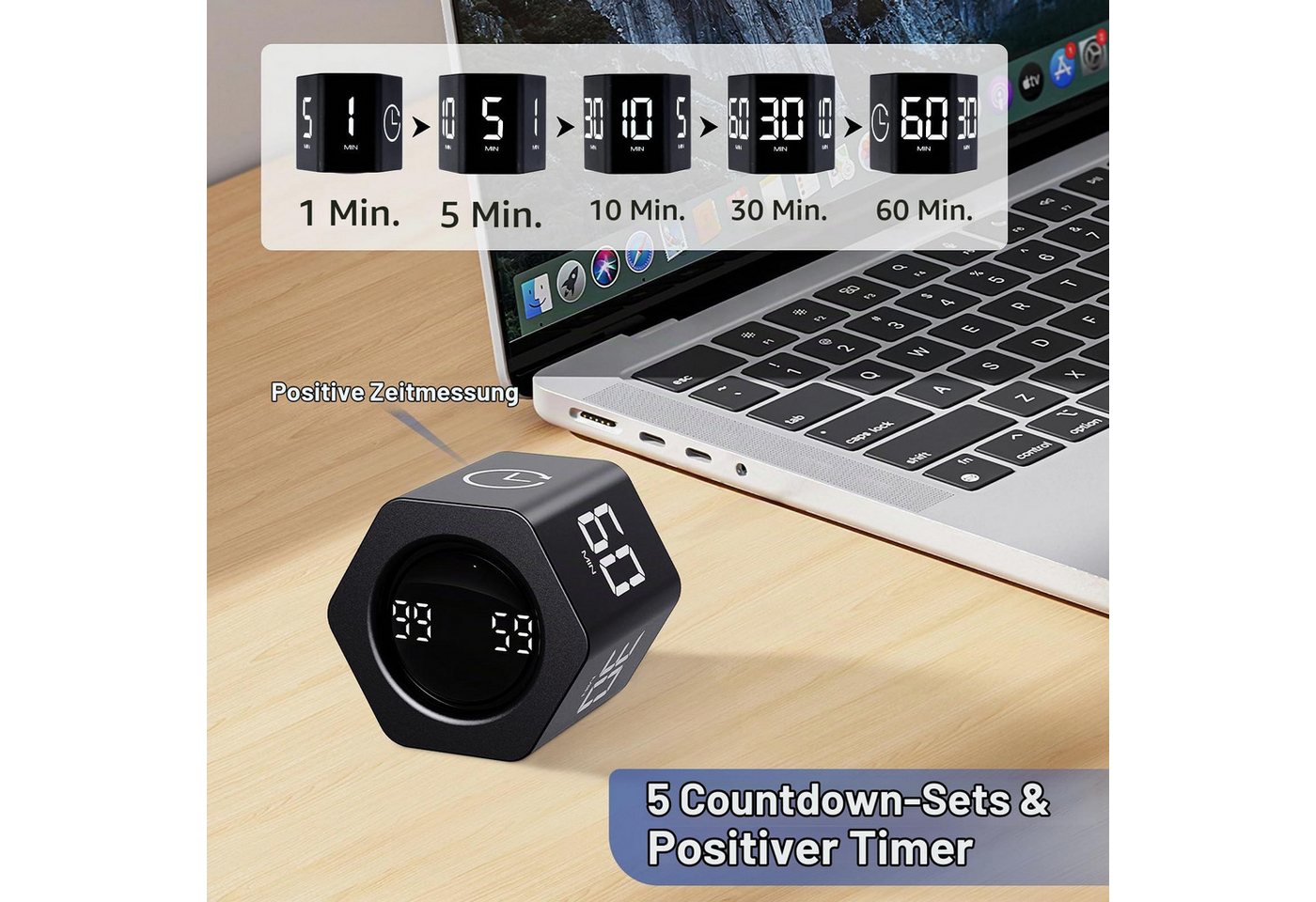 AIBISTAR Küchentimer Timer-Würfel,Intervall-Timer,1/5/10/30/60 min,Vibration Gravitationssensor – Flip to Start,3 Alarmmodi,USB-C Bild 3