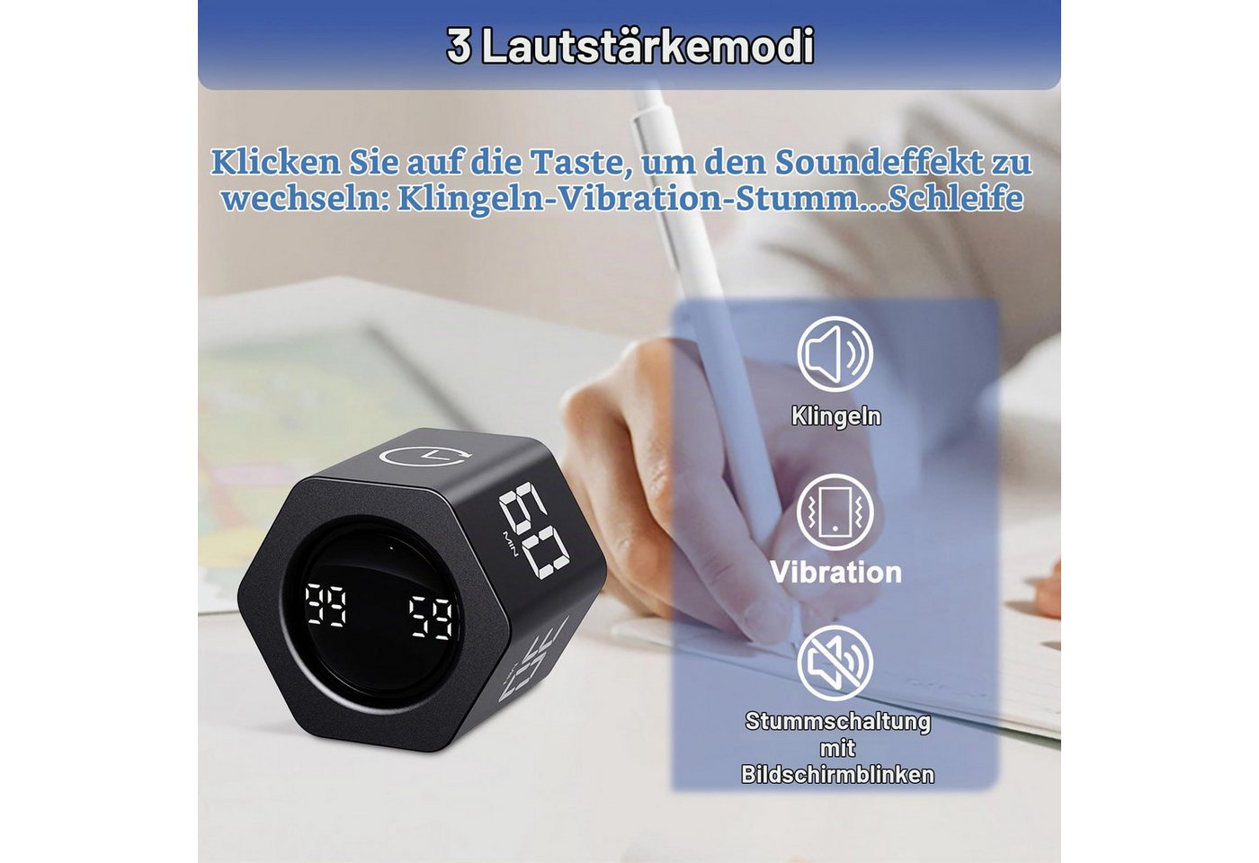 AIBISTAR Küchentimer Timer-Würfel,Intervall-Timer,1/5/10/30/60 min,Vibration Gravitationssensor – Flip to Start,3 Alarmmodi,USB-C Bild 5