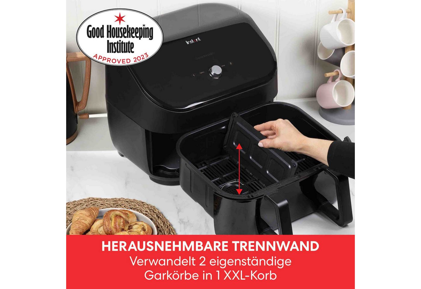 Instant Pot Heißluftfritteuse Vortex Plus VersaZone Airfryer 8in1 XXL Korb zum Rösten Grillen Dörren, 1700 W, digitales Display, 8 Kochprogramme, 2-in-1 Schublade, 8,5L oder 2x4,2L