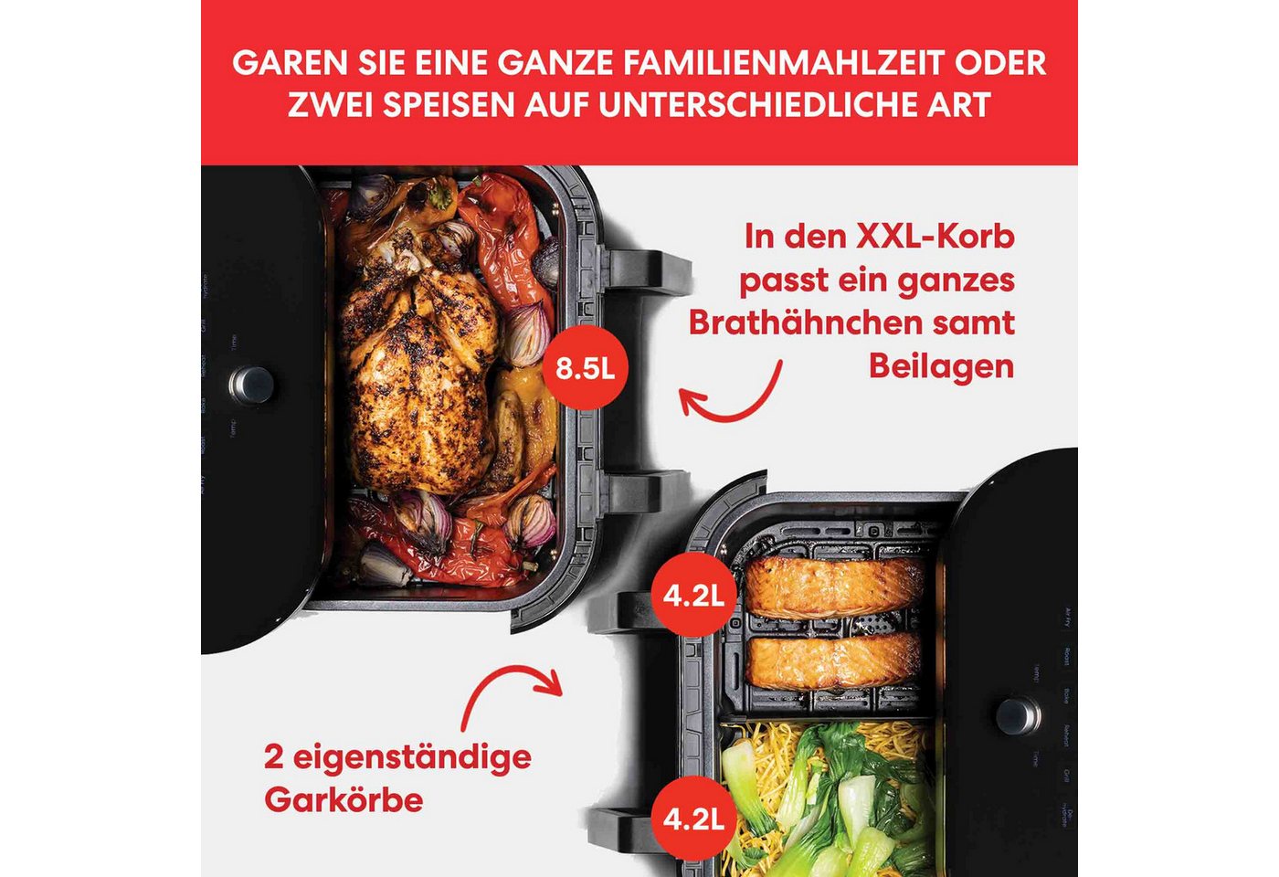 Instant Pot Heißluftfritteuse Vortex Plus VersaZone Airfryer 8in1 XXL Korb zum Rösten Grillen Dörren, 1700 W, digitales Display, 8 Kochprogramme, 2-in-1 Schublade, 8,5L oder 2x4,2L Bild 5