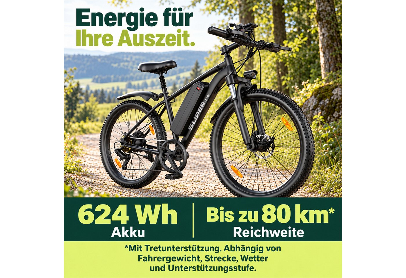 Vankel E-Bike Herren Damen E-Mountainbike 26 Zoll 250W 624Wh 80km Shimano 7-Gang, Kettenschaltung, Heckmotor, 624 Wh, 25 km/h 160mm Scheibenbremsen LED-Scheinwerfer Federgabel 23 kg