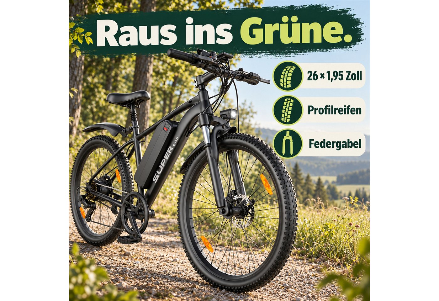 Vankel E-Bike Herren Damen E-Mountainbike 26 Zoll 250W 624Wh 80km Shimano 7-Gang, Kettenschaltung, Heckmotor, 624 Wh, 25 km/h 160mm Scheibenbremsen LED-Scheinwerfer Federgabel 23 kg Bild 3