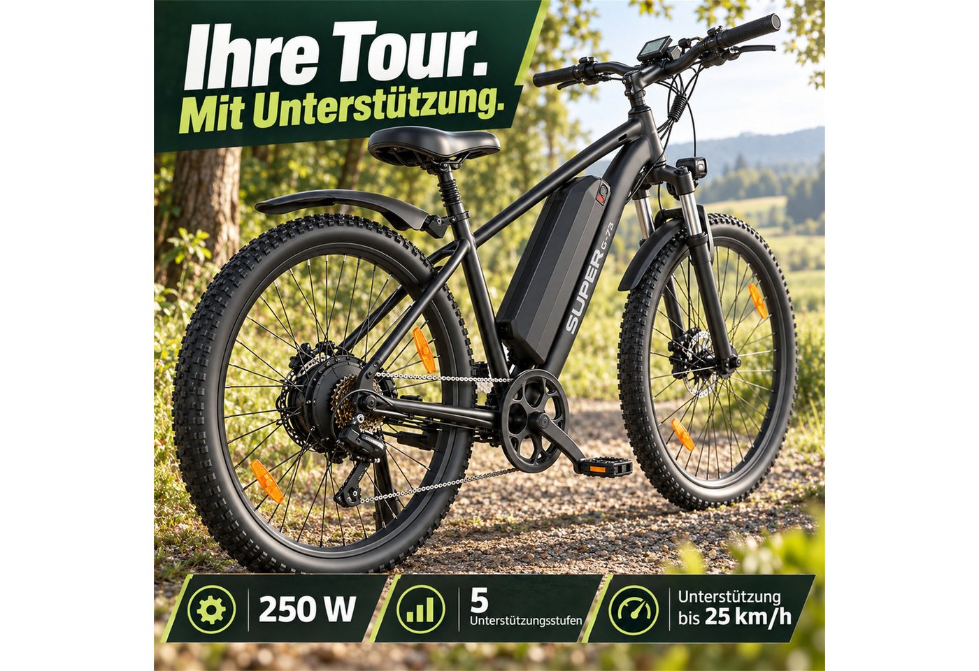 Vankel E-Bike Herren Damen E-Mountainbike 26 Zoll 250W 624Wh 80km Shimano 7-Gang, Kettenschaltung, Heckmotor, 624 Wh, 25 km/h 160mm Scheibenbremsen LED-Scheinwerfer Federgabel 23 kg Bild 5
