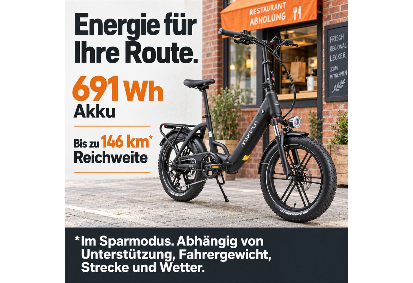 Vankel E-Bike Herren u. Damen E-Faltrad 20 Zoll 250W 691Wh 100km Fatbike Shimano, Kettenschaltung, Heckmotor, 691 Wh, Hydraulische Scheibenbremse Drehmomentsensor Federgabel 30,5 kg
