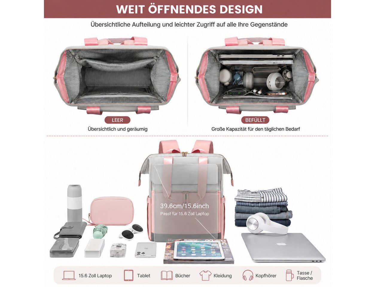 Fyrove Rucksack Reiserucksack mit Laptopfach 15,6 Zoll, TSA Handgepäck Rucksack (Eleganter Damen Laptop Rucksack mit separater Tasche, großes Fassungsvermögen, praktische Organisation), und wasserabweisendes Material für Alltag, Büro und Reisen Bild 4