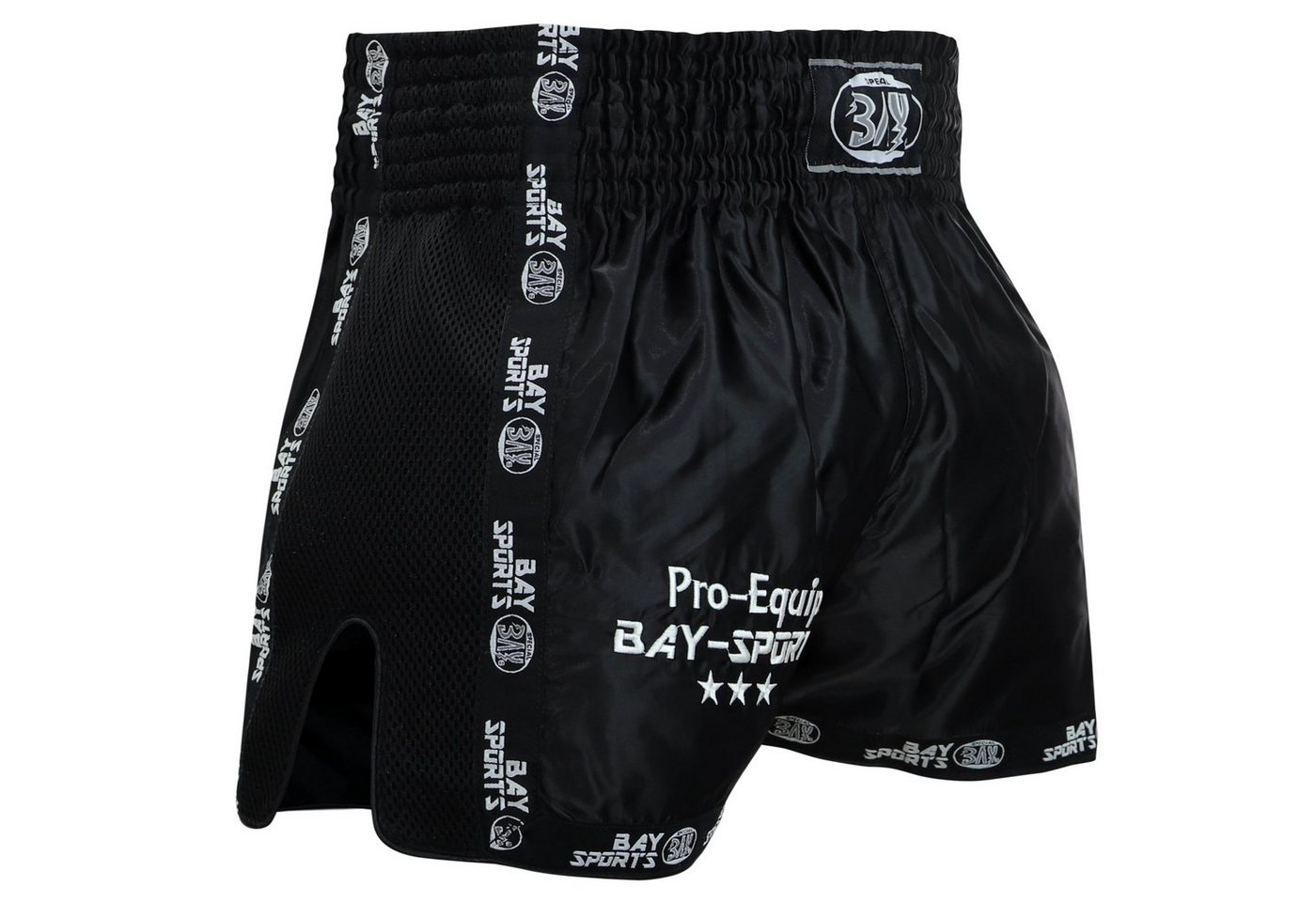 BAY-Sports Sporthose Thaiboxhose Thaiboxen Hose Shorts Muay Thai kurz MMA Thaiboxshorts (Stück) XXS - XXL, schwarz mit Mesheinsätzen, Kinder und Erwachsene