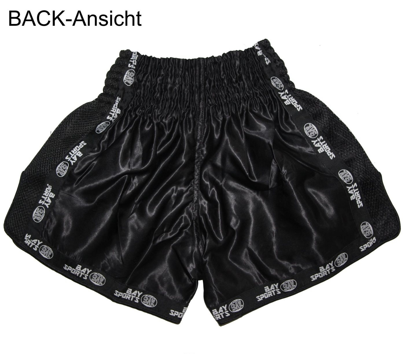 BAY-Sports Sporthose Thaiboxhose Thaiboxen Hose Shorts Muay Thai kurz MMA Thaiboxshorts (Stück) XXS - XXL, schwarz mit Mesheinsätzen, Kinder und Erwachsene Bild 2