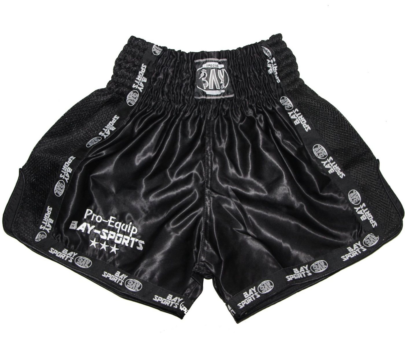 BAY-Sports Sporthose Thaiboxhose Thaiboxen Hose Shorts Muay Thai kurz MMA Thaiboxshorts (Stück) XXS - XXL, schwarz mit Mesheinsätzen, Kinder und Erwachsene Bild 4