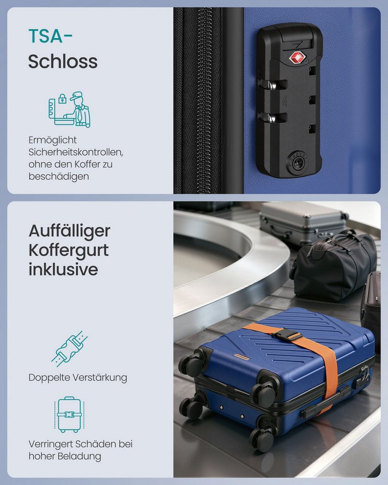 SONGMICS Hartschalen-Trolley Kofferset, 360° Rollen, robuster Reisekoffer, Bordcase, ABS, 55 cm, mit TSA-Schloss, M, Reisekoffer, Hartschalenkoffer, Koffergurt