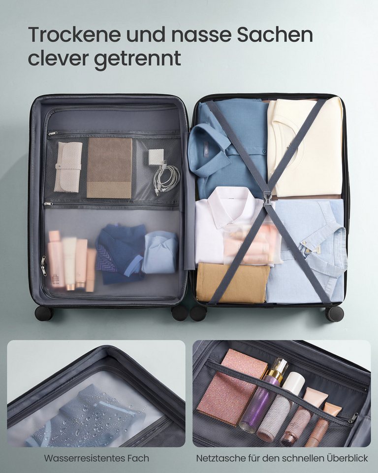 SONGMICS Hartschalen-Trolley Kofferset, 360° Rollen, robuster Reisekoffer, Bordcase, ABS, 65 cm,TSA-Schloss, Zahlenschloss, Koffergurt, erweiterbar, mittel