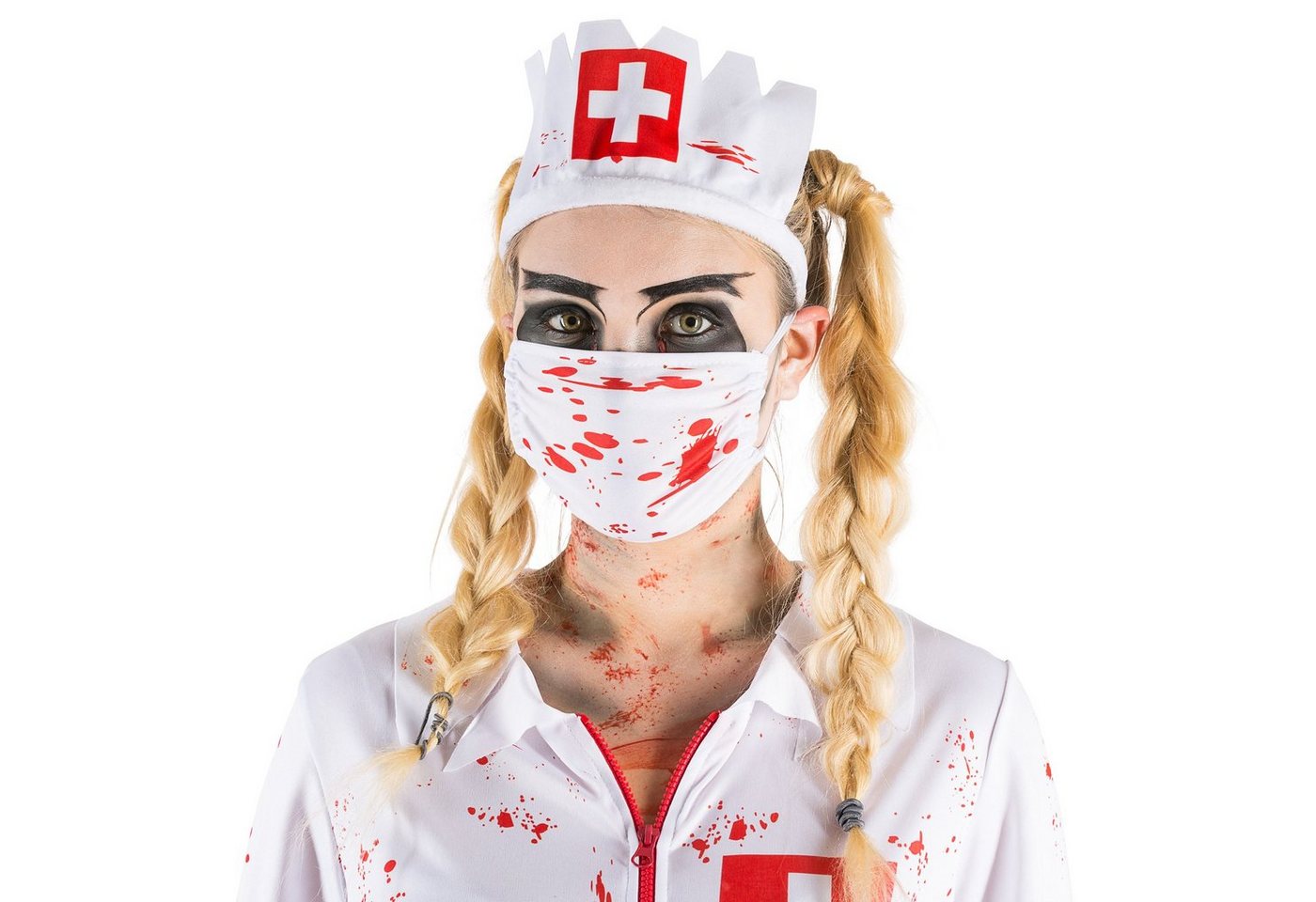 dressforfun Kostüm Untote/Zombie, in der Farbe weiß, Konfektionsgröße L, Haarreifen, Stretch-Kleid, Frontzipper, 2 Kniestrümpfe, Mundschutz