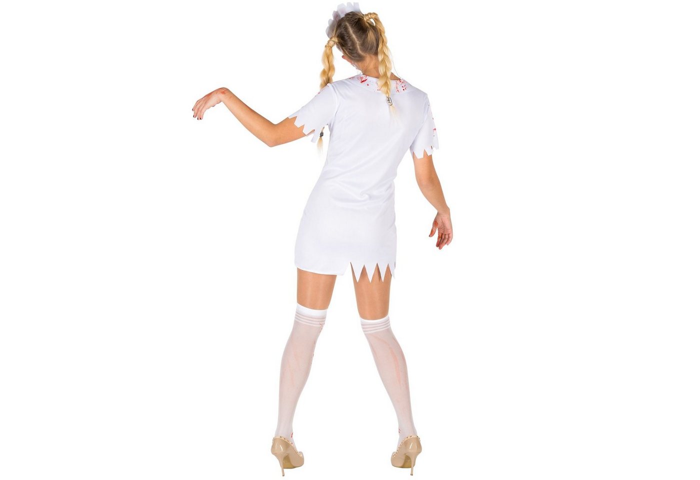 dressforfun Kostüm Untote/Zombie, in der Farbe weiß, Konfektionsgröße L, Haarreifen, Stretch-Kleid, Frontzipper, 2 Kniestrümpfe, Mundschutz Bild 3