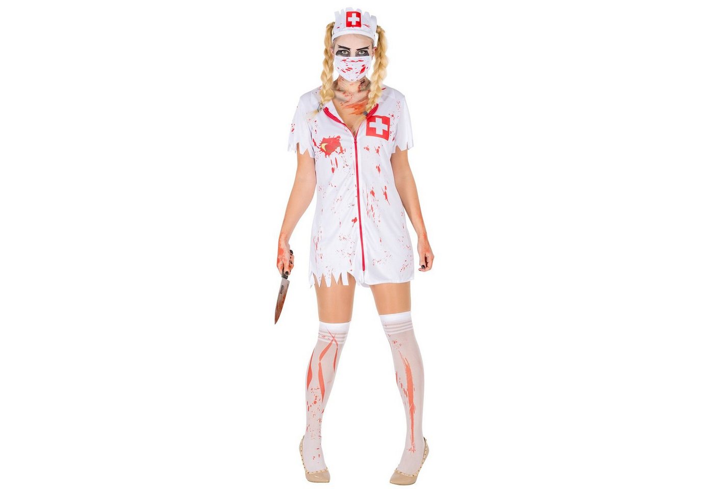 dressforfun Kostüm Untote/Zombie, in der Farbe weiß, Konfektionsgröße L, Haarreifen, Stretch-Kleid, Frontzipper, 2 Kniestrümpfe, Mundschutz Bild 5