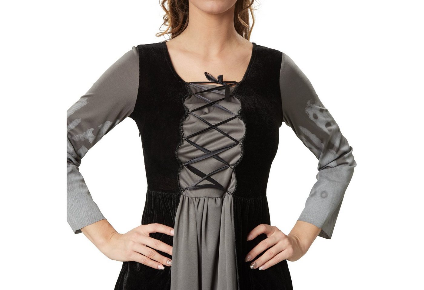 dressforfun Hexen-Kostüm Zauberin, auch Magierin, Gr. XL, Kurzes Kapuzencape zum Schnüren, in schwarz/grau, Ärmel und Rock sind mit Geistergesichtern bedruckt Bild 4