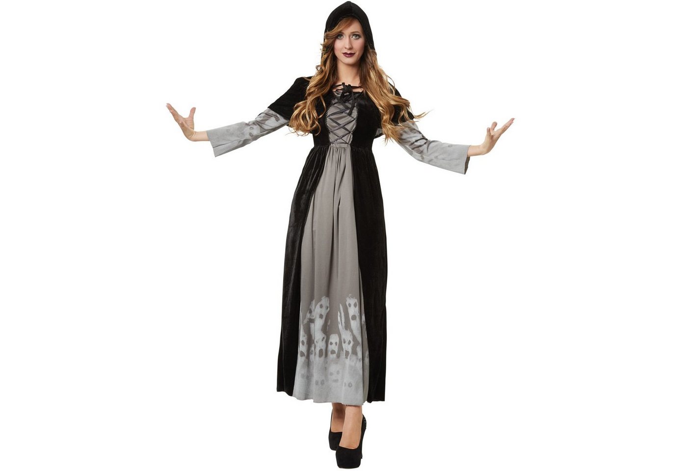 dressforfun Hexen-Kostüm Zauberin, auch Magierin, Gr. XL, Kurzes Kapuzencape zum Schnüren, in schwarz/grau, Ärmel und Rock sind mit Geistergesichtern bedruckt Bild 5